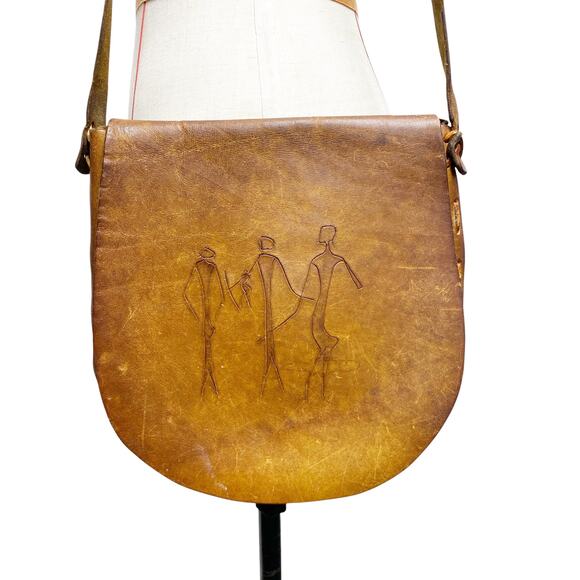 Vintage Handbags - Vintage Handmade Tooled Leather Figures Line Art Flap Saddle Bag